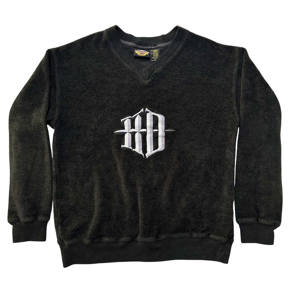 VTG Harley Davidson Fleece Pullover Men M Black Embroidered HD Biker Moto USA